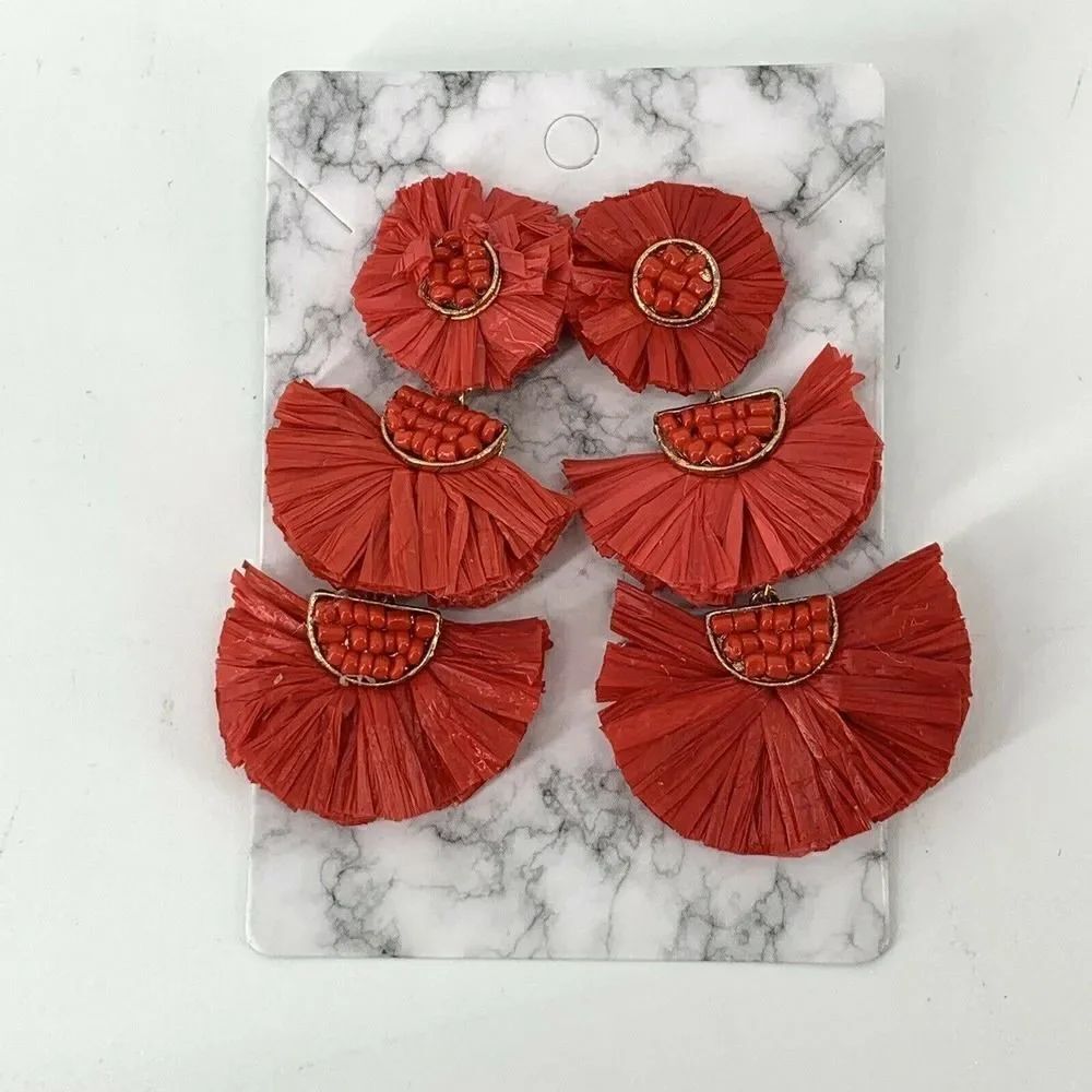 Red Bohemian Tiered Fan Beaded Drop Earrings